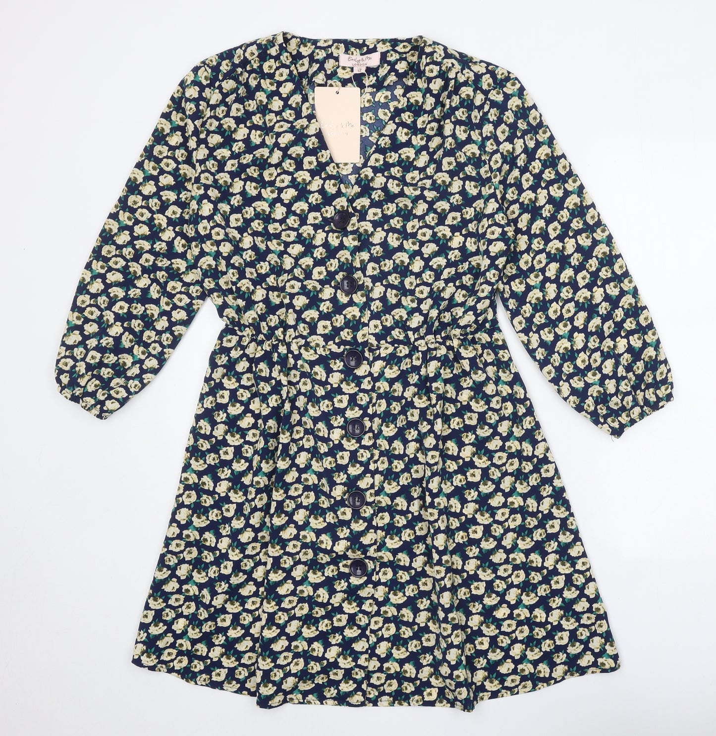 Emily & Me Womens Blue Floral Polyester Fit & Flare Size 12 V-Neck Button