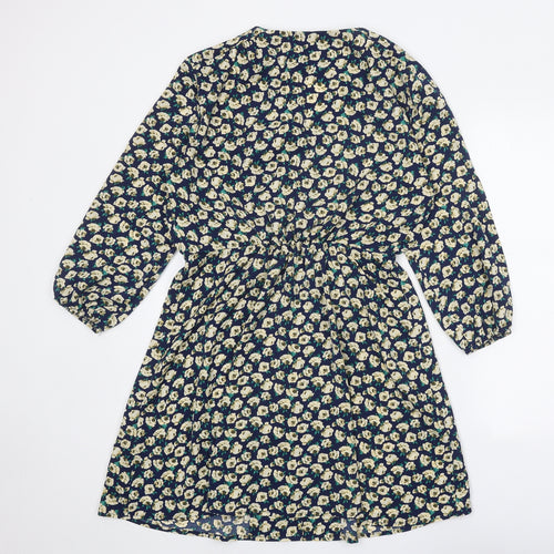 Emily & Me Womens Blue Floral Polyester Fit & Flare Size 12 V-Neck Button
