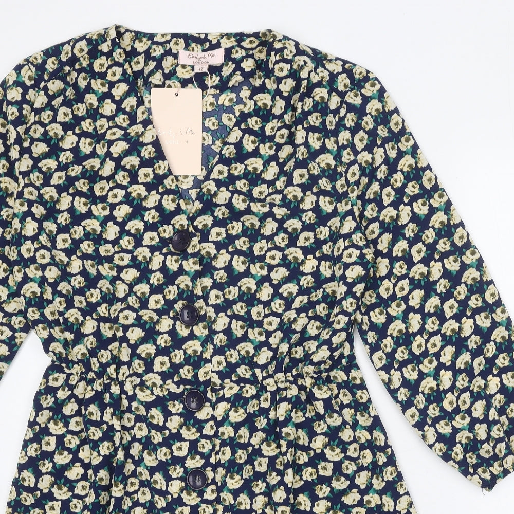 Emily & Me Womens Blue Floral Polyester Fit & Flare Size 12 V-Neck Button
