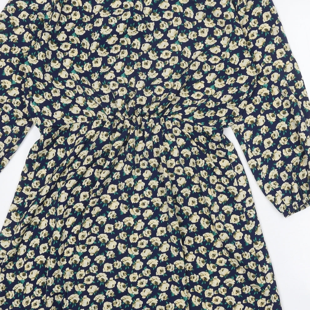 Emily & Me Womens Blue Floral Polyester Fit & Flare Size 12 V-Neck Button