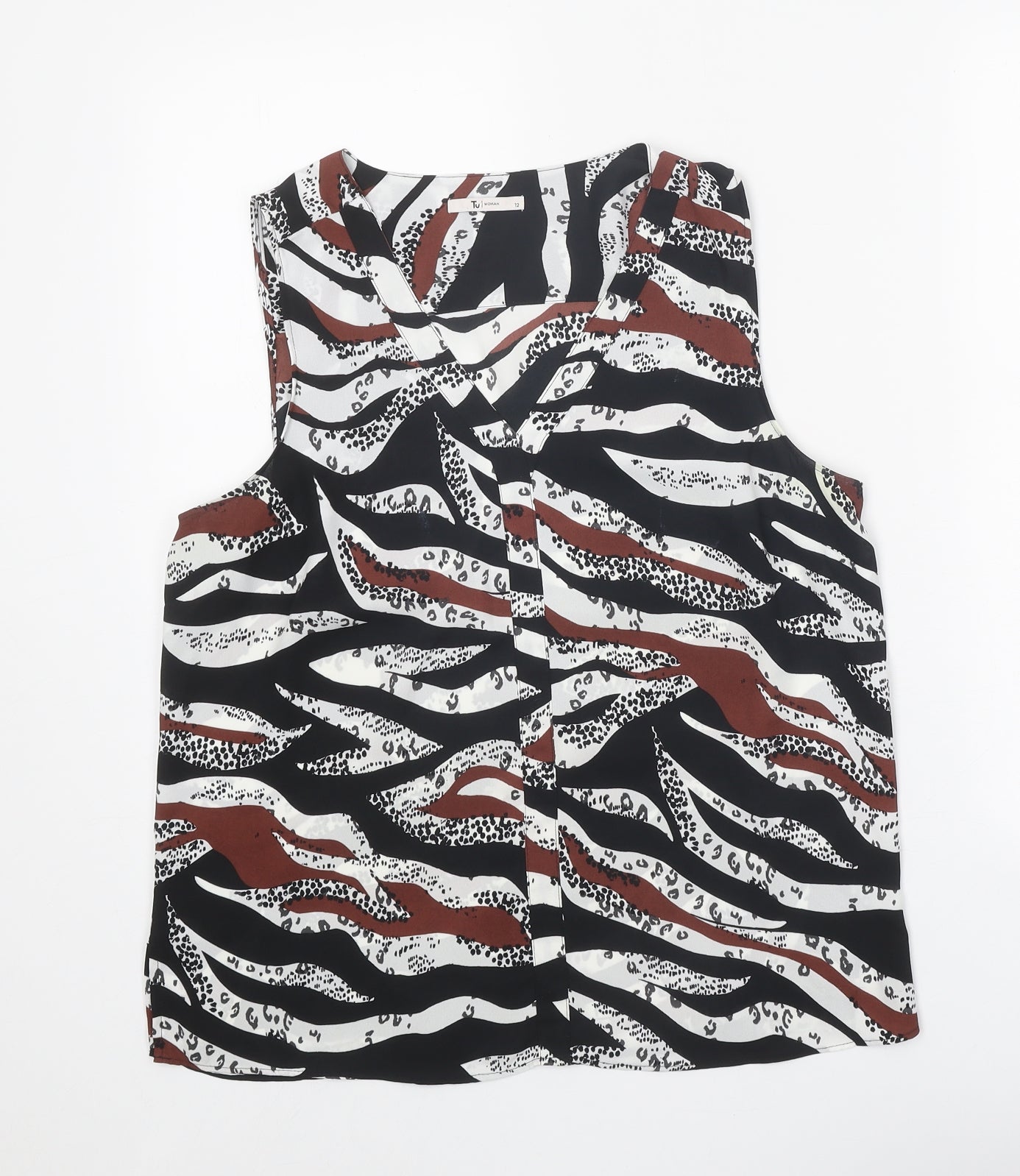 TU Womens Black Animal Print Polyester Basic Blouse Size 12 V-Neck