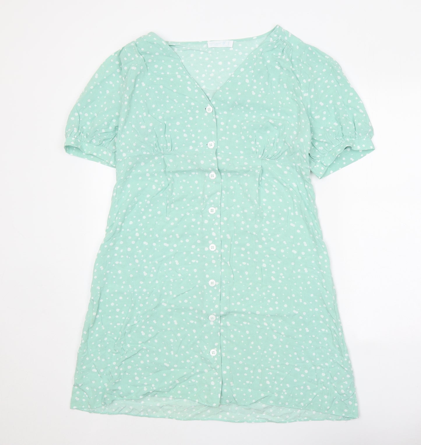 Primark Womens Green Geometric Viscose A-Line Size 14 V-Neck Button