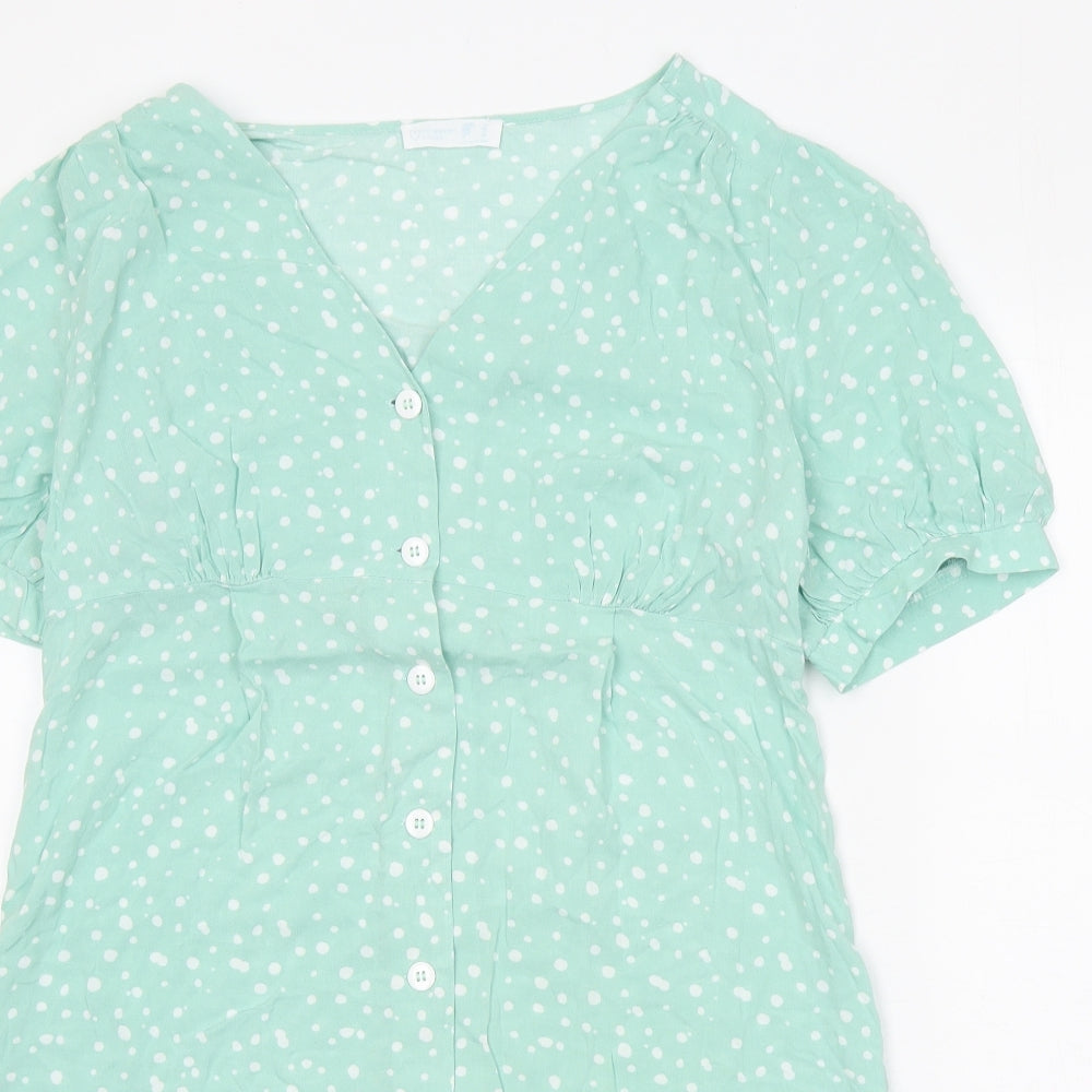 Primark Womens Green Geometric Viscose A-Line Size 14 V-Neck Button