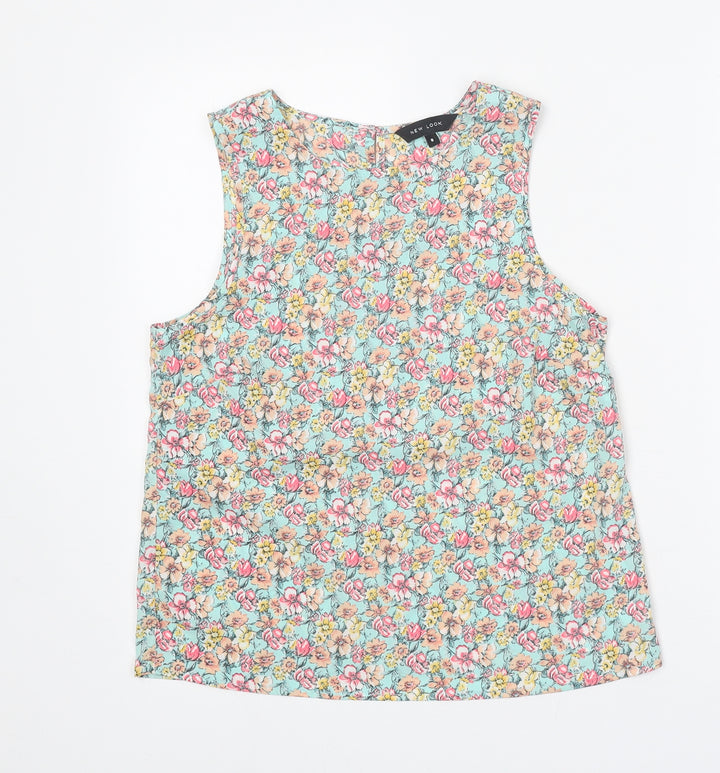 New Look Womens Green Floral Polyester Basic Tank Size 8 Round Neck