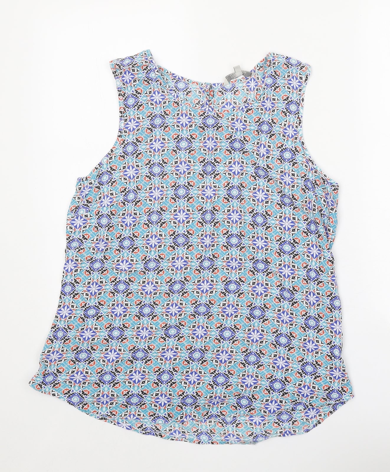 Peacocks Womens Blue Geometric Viscose Basic Tank Size 12 Scoop Neck
