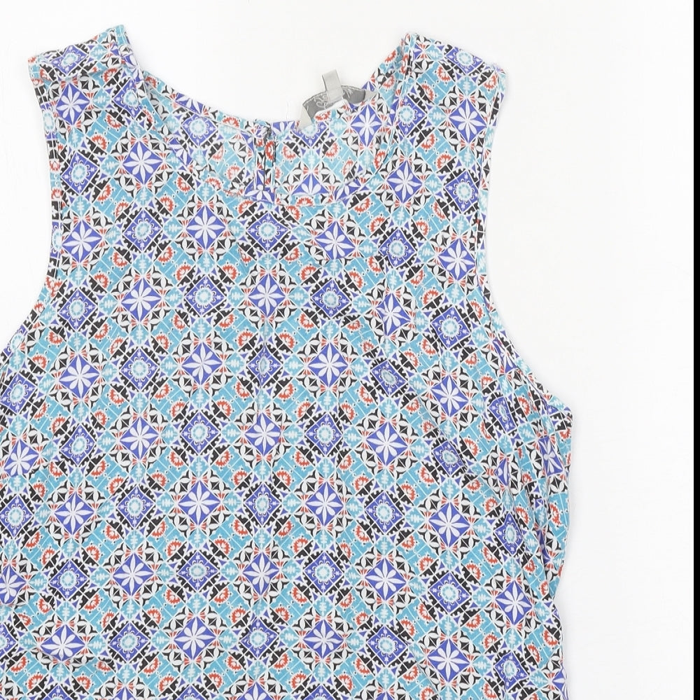 Peacocks Womens Blue Geometric Viscose Basic Tank Size 12 Scoop Neck