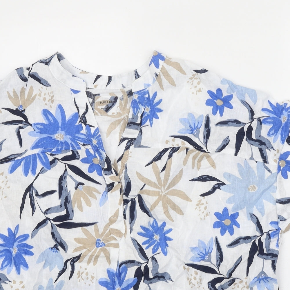 Marks and Spencer Womens White Geometric Linen Basic Blouse Size 18 V-Neck