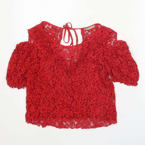 Zara Womens Red Polyester Basic Blouse Size M Scoop Neck