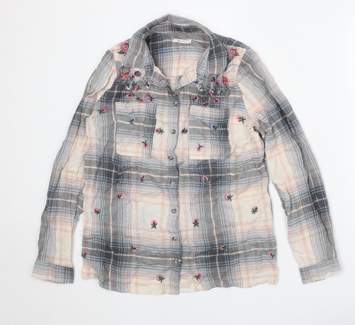 TU Womens Beige Plaid Cotton Basic Button-Up Size 10 Collared