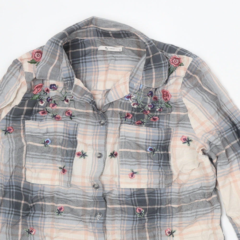 TU Womens Beige Plaid Cotton Basic Button-Up Size 10 Collared