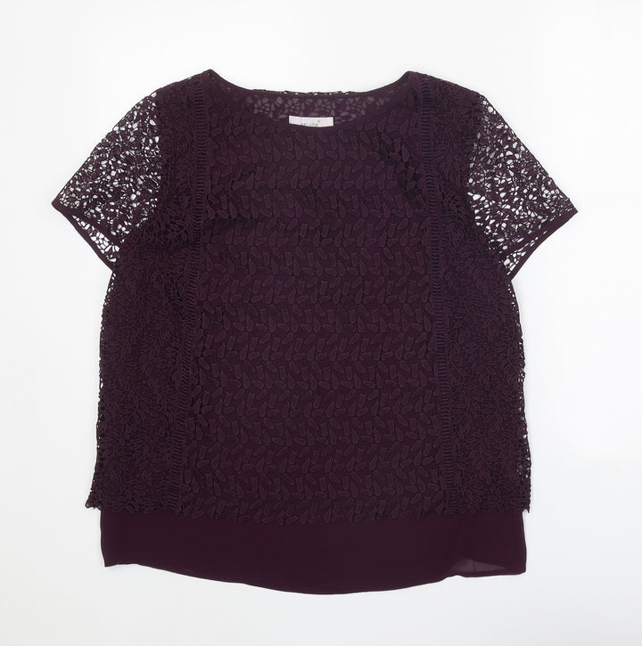 Per Una Womens Purple Geometric Polyester Basic T-Shirt Size 12 Boat Neck
