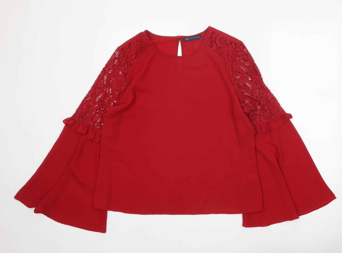 Marks and Spencer Womens Red Polyester Basic Blouse Size 14 Scoop Neck - Lace Detail Flute Sleeve