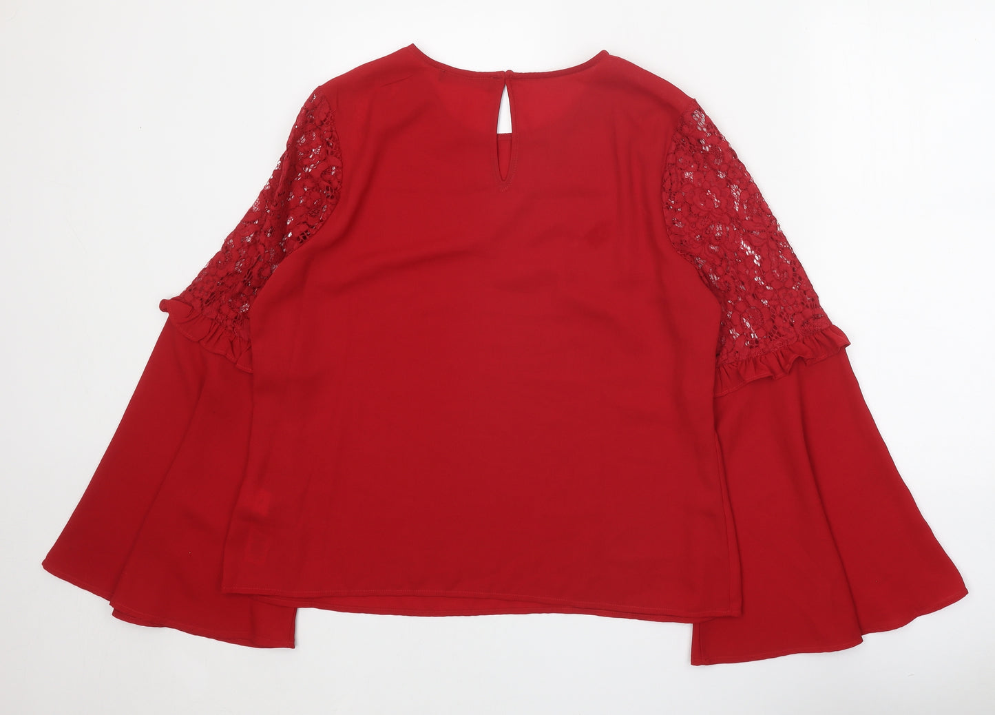 Marks and Spencer Womens Red Polyester Basic Blouse Size 14 Scoop Neck - Lace Detail Flute Sleeve