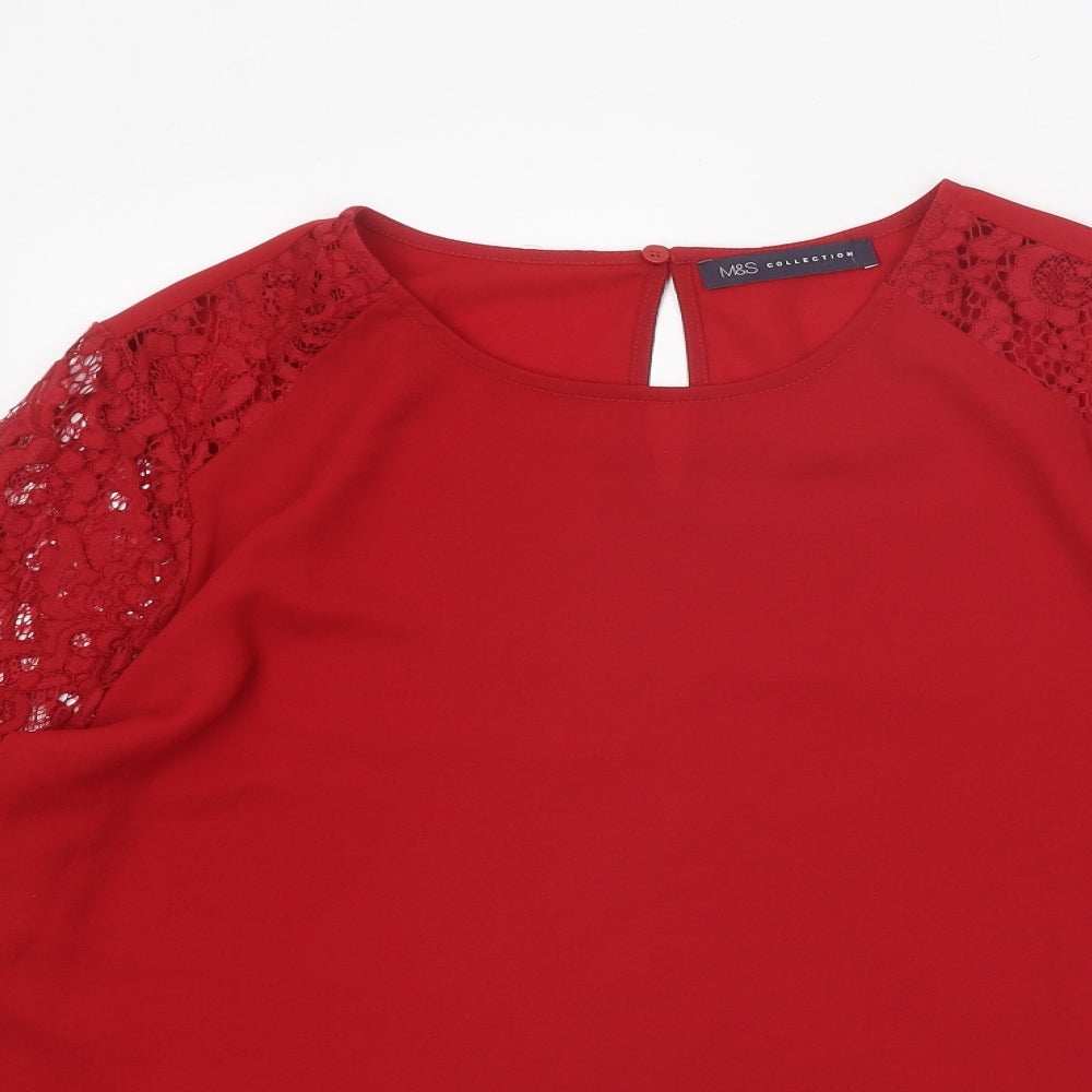 Marks and Spencer Womens Red Polyester Basic Blouse Size 14 Scoop Neck - Lace Detail Flute Sleeve