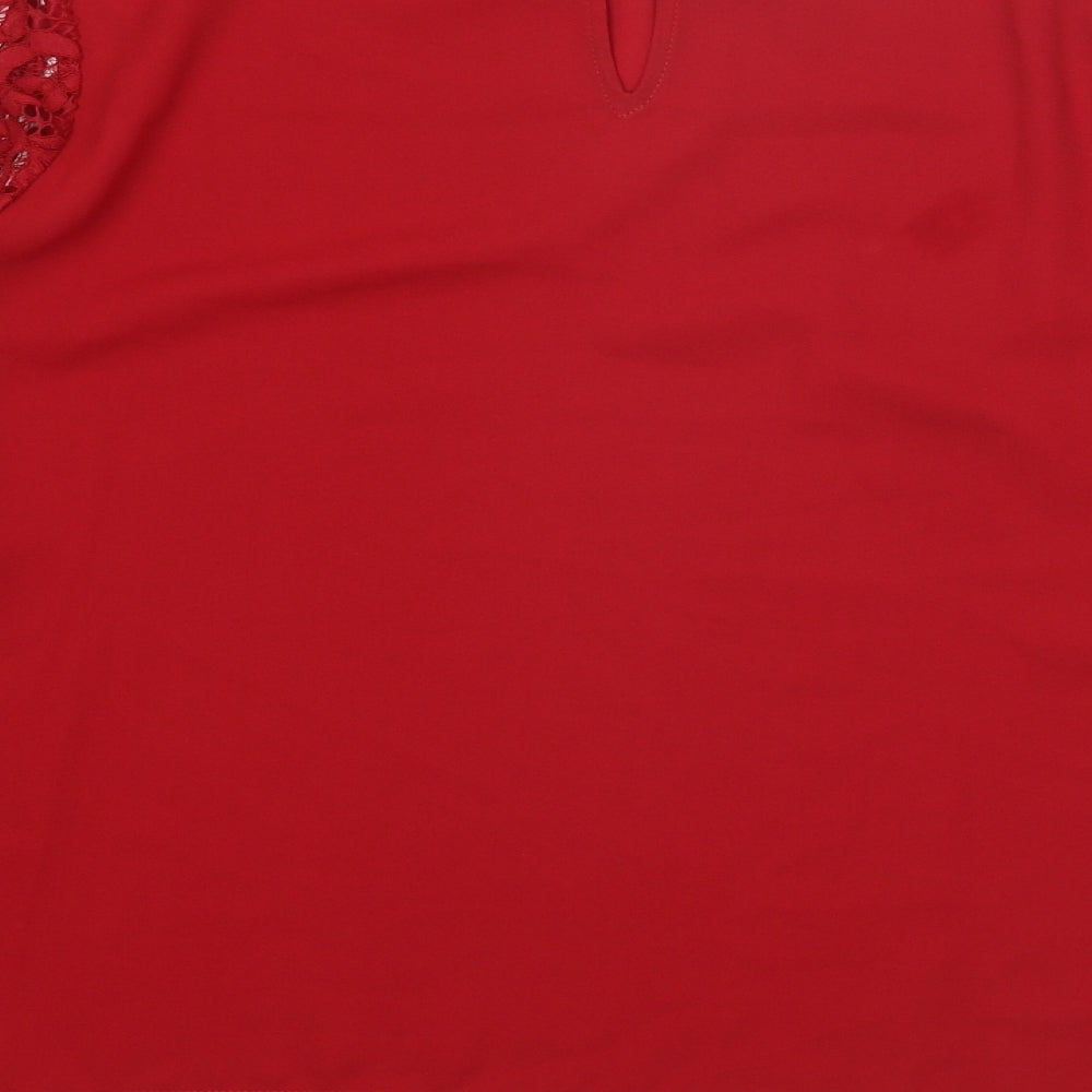 Marks and Spencer Womens Red Polyester Basic Blouse Size 14 Scoop Neck - Lace Detail Flute Sleeve