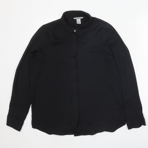 H&M Womens Black Polyester Basic Button-Up Size 10 Collared