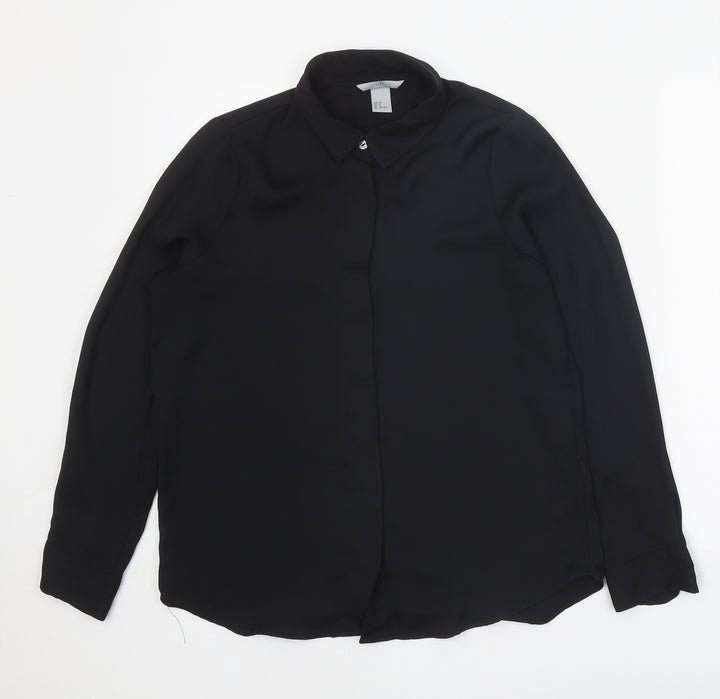 H&M Womens Black Polyester Basic Button-Up Size 10 Collared