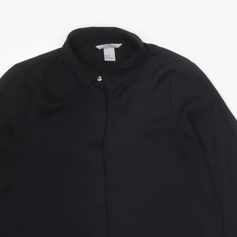 H&M Womens Black Polyester Basic Button-Up Size 10 Collared