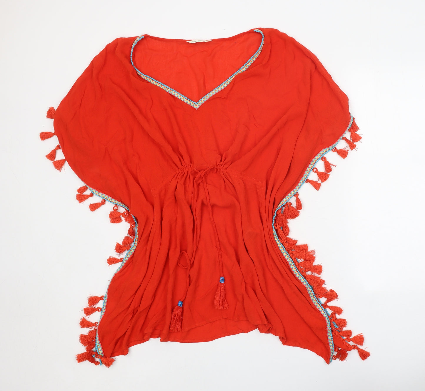 Accessorize Womens Red Viscose Tunic Blouse Size M V-Neck - Drawstring Waist Kaftan