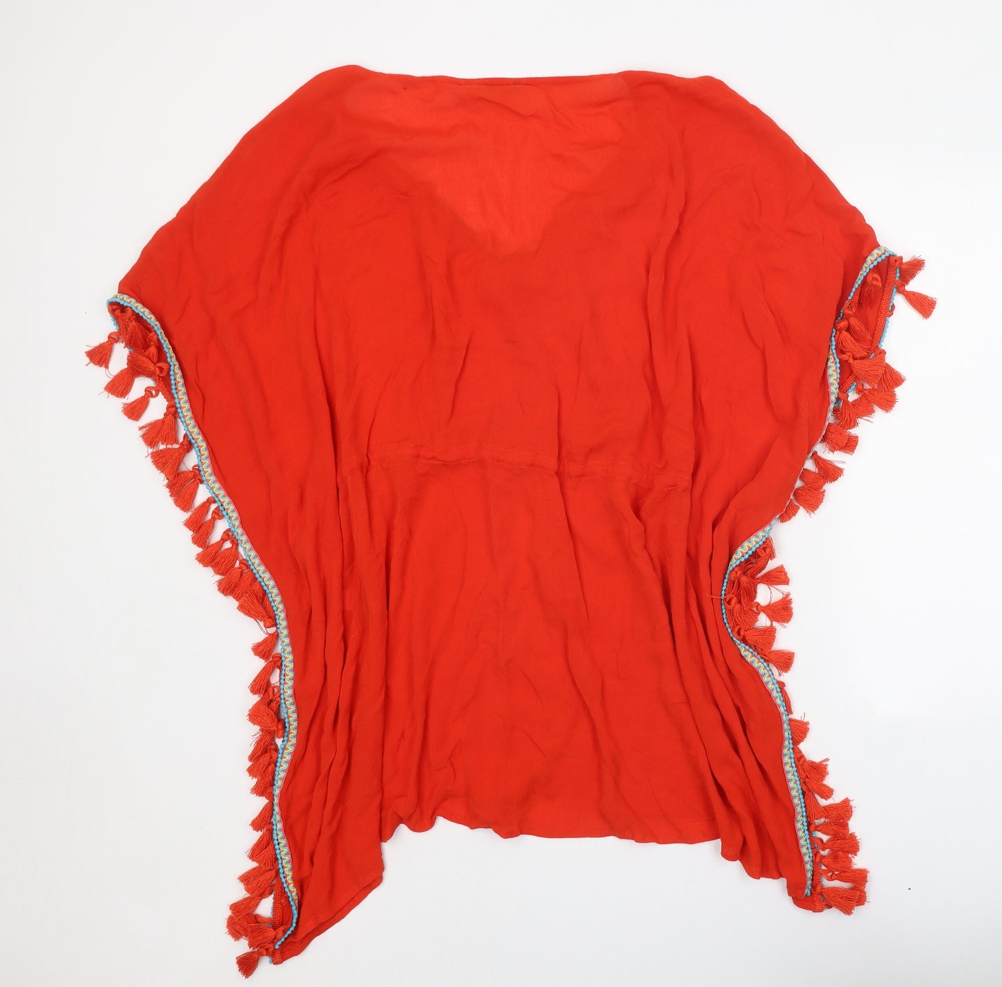 Accessorize Womens Red Viscose Tunic Blouse Size M V-Neck - Drawstring Waist Kaftan