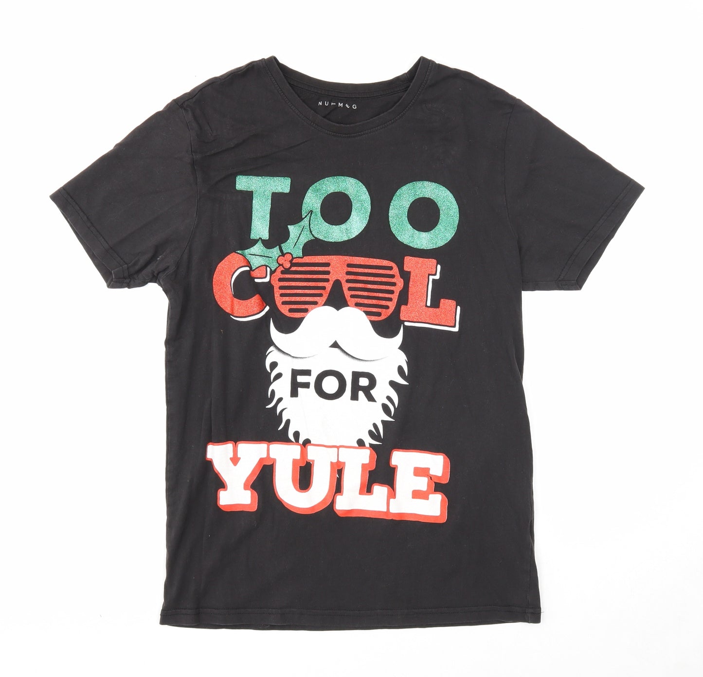 Nutmeg Womens Black Cotton Basic T-Shirt Size S Round Neck - Too Cool for Yule