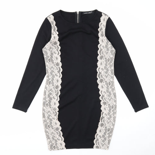 Love Label Womens Black Polyester Pencil Dress Size 12 Round Neck Zip - Lace Overlay