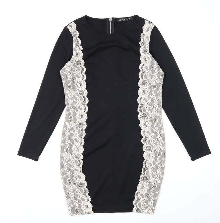 Love Label Womens Black Polyester Pencil Dress Size 12 Round Neck Zip - Lace Overlay