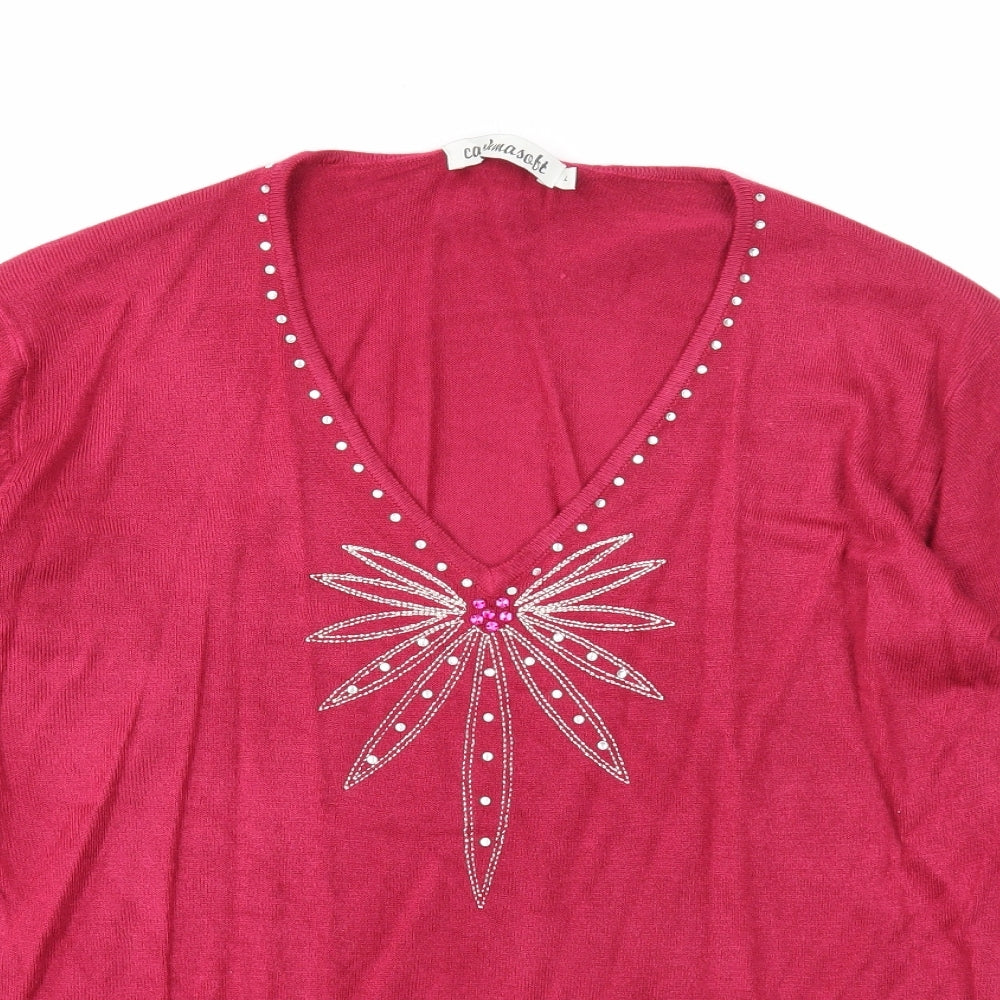 Cashmasoft Womens Pink V-Neck Acrylic Pullover Jumper Size L