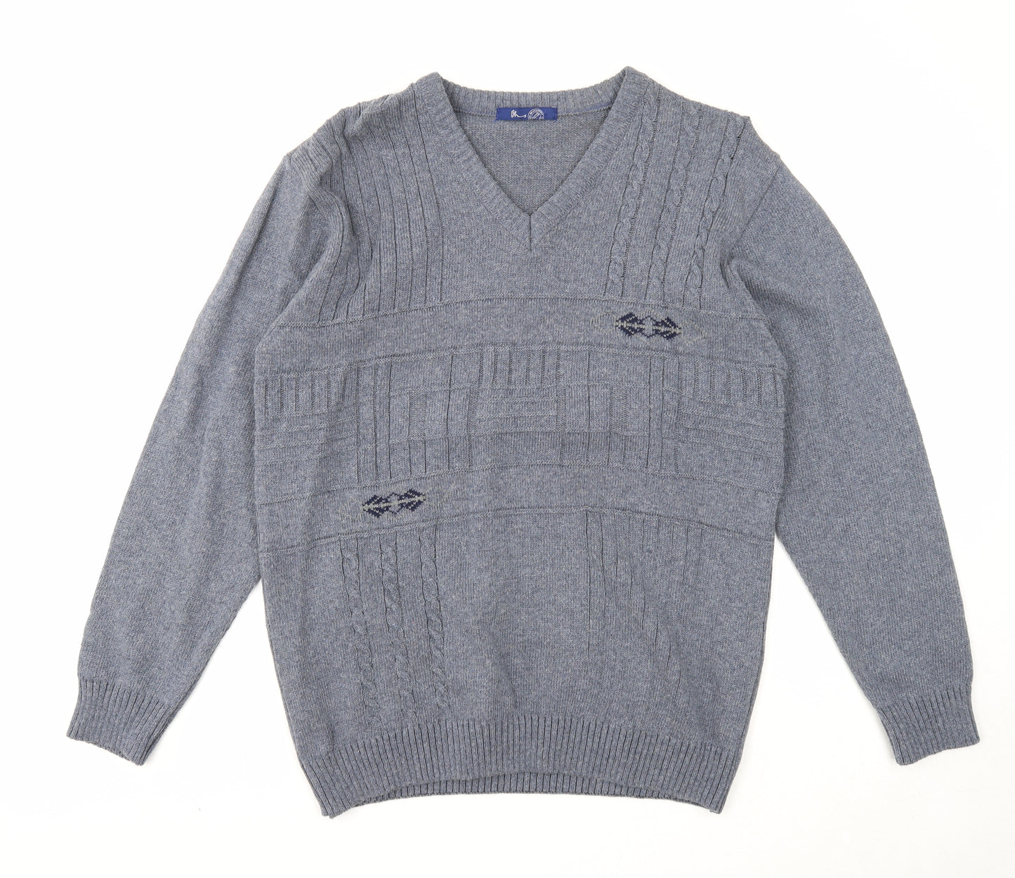 BHS Mens Grey V-Neck Cotton Pullover Jumper Size S Long Sleeve