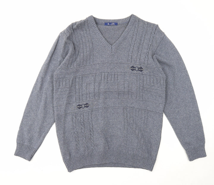 BHS Mens Grey V-Neck Cotton Pullover Jumper Size S Long Sleeve
