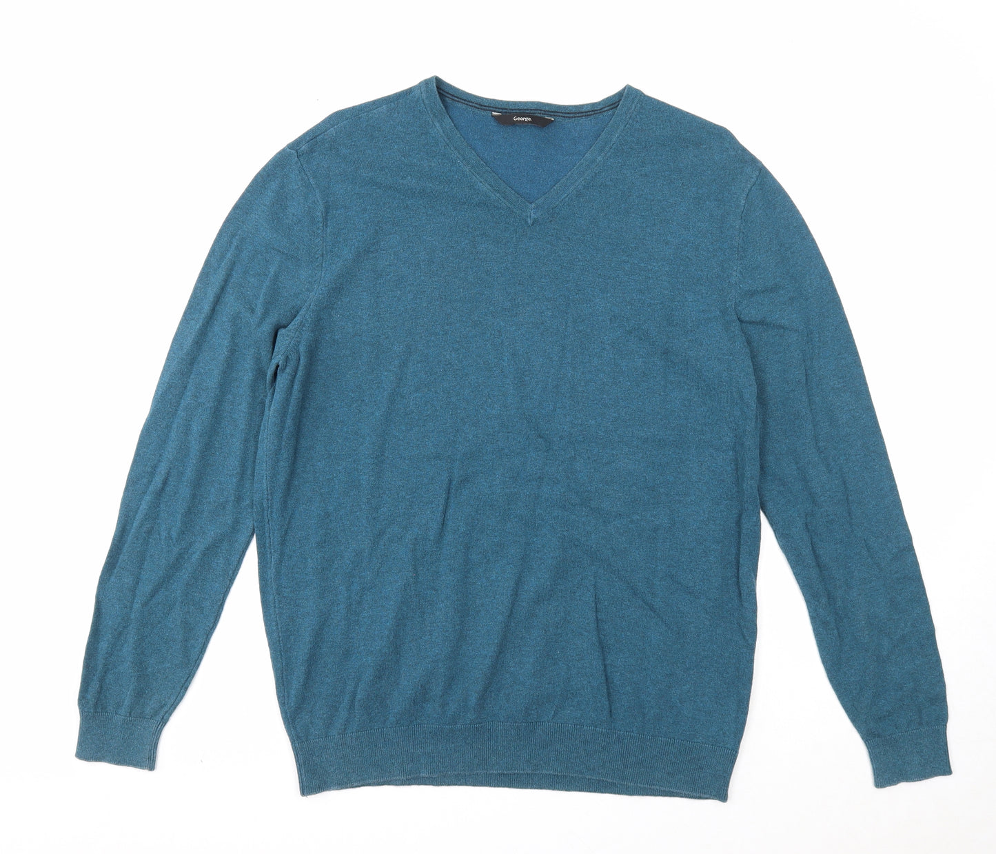 George Mens Blue V-Neck Cotton Pullover Jumper Size M Long Sleeve