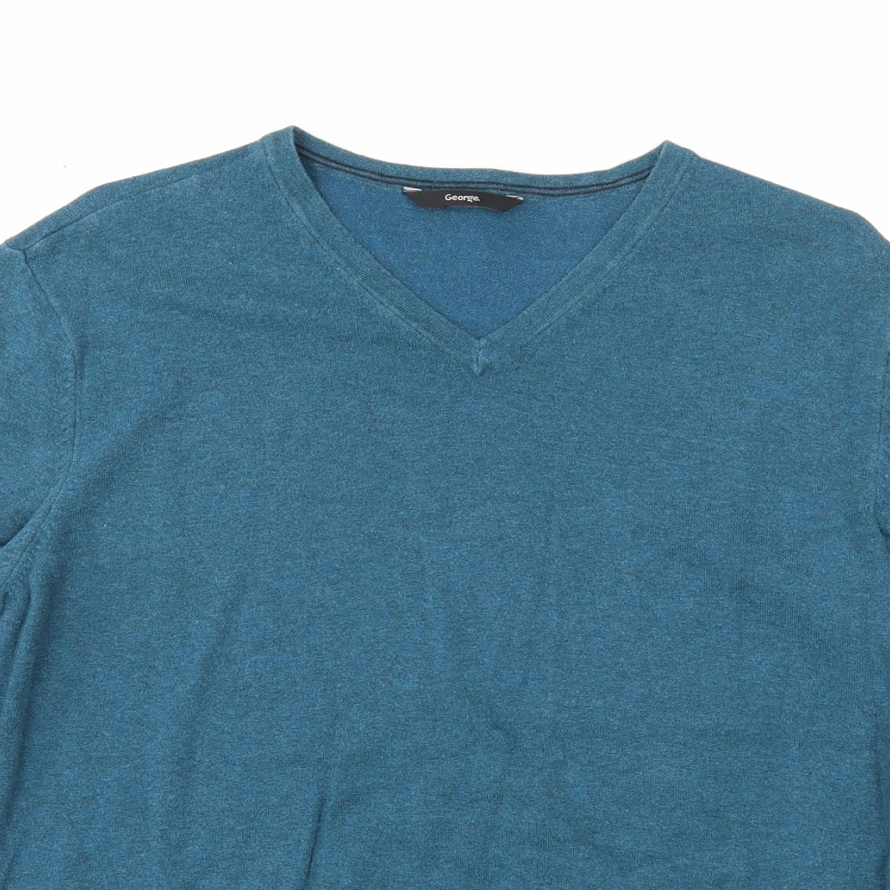 George Mens Blue V-Neck Cotton Pullover Jumper Size M Long Sleeve