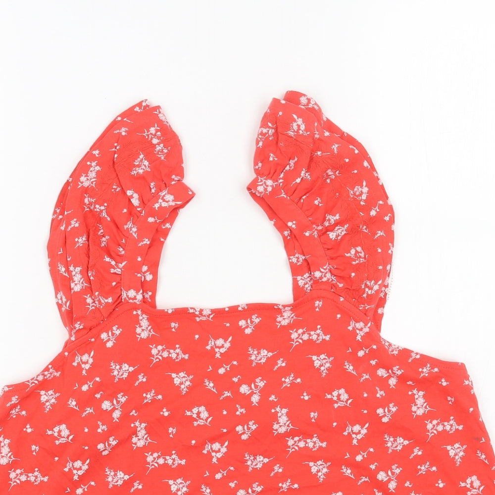 Marks and Spencer Womens Red Floral Cotton Basic Blouse Size 16 Square Neck