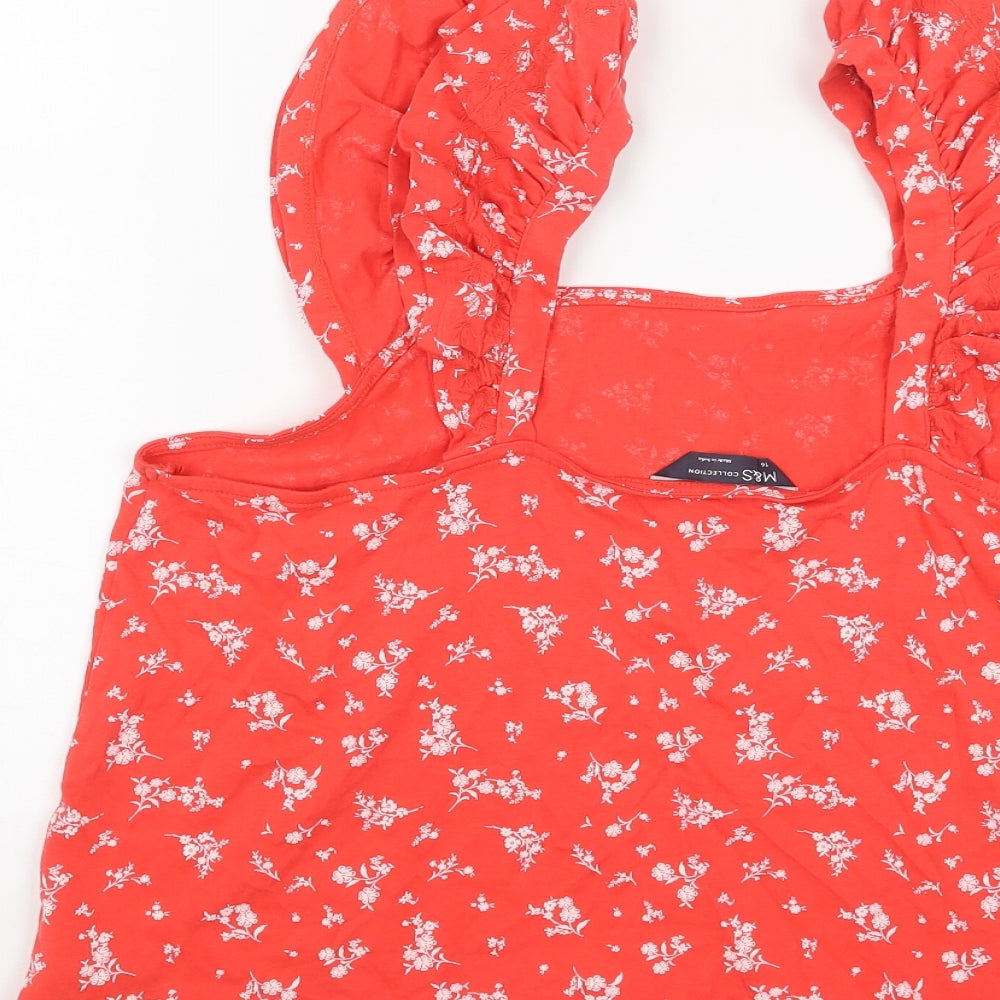 Marks and Spencer Womens Red Floral Cotton Basic Blouse Size 16 Square Neck