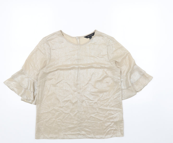 New Look Womens Gold Polyester Basic T-Shirt Size 8 Round Neck