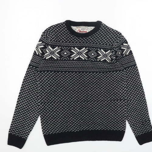 Preworn Mens Blue Round Neck Fair Isle Acrylic Pullover Jumper Size S Long Sleeve