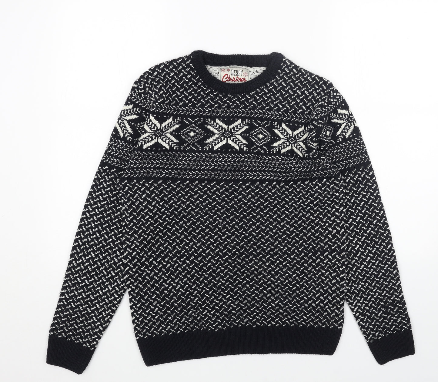 Preworn Mens Blue Round Neck Fair Isle Acrylic Pullover Jumper Size S Long Sleeve