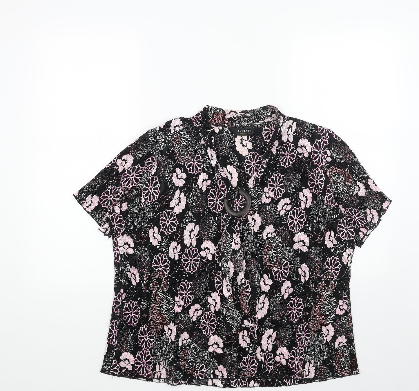 Forever Womens Black Geometric Viscose Basic Blouse Size L V-Neck