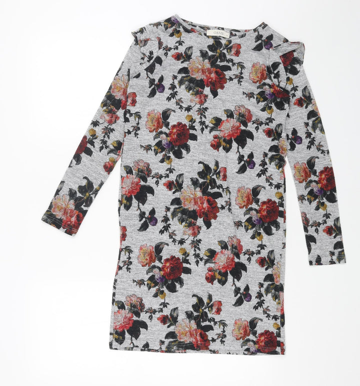 Oasis Womens Grey Floral Polyester A-Line Size XS Round Neck Pullover