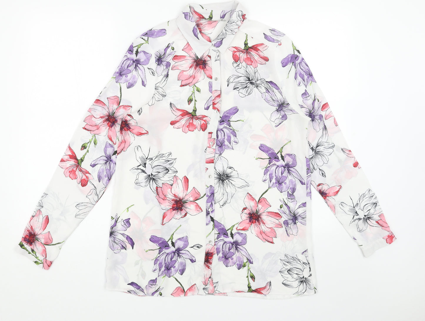 George Womens White Floral Polyester Basic Button-Up Size 10 Collared