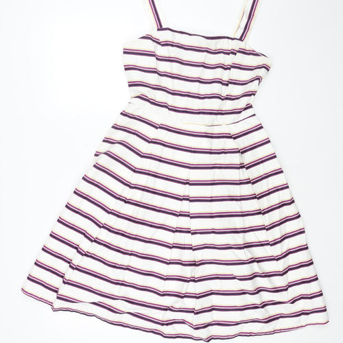 TU Womens White Striped Viscose Fit & Flare Size 10 Square Neck Zip