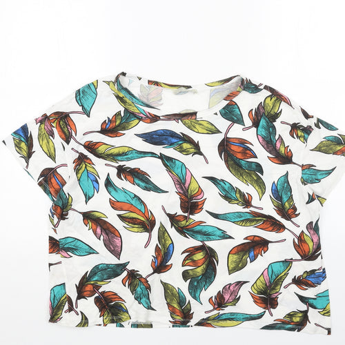 Zara Womens White Geometric Cotton Cropped T-Shirt Size L Boat Neck - Feathers