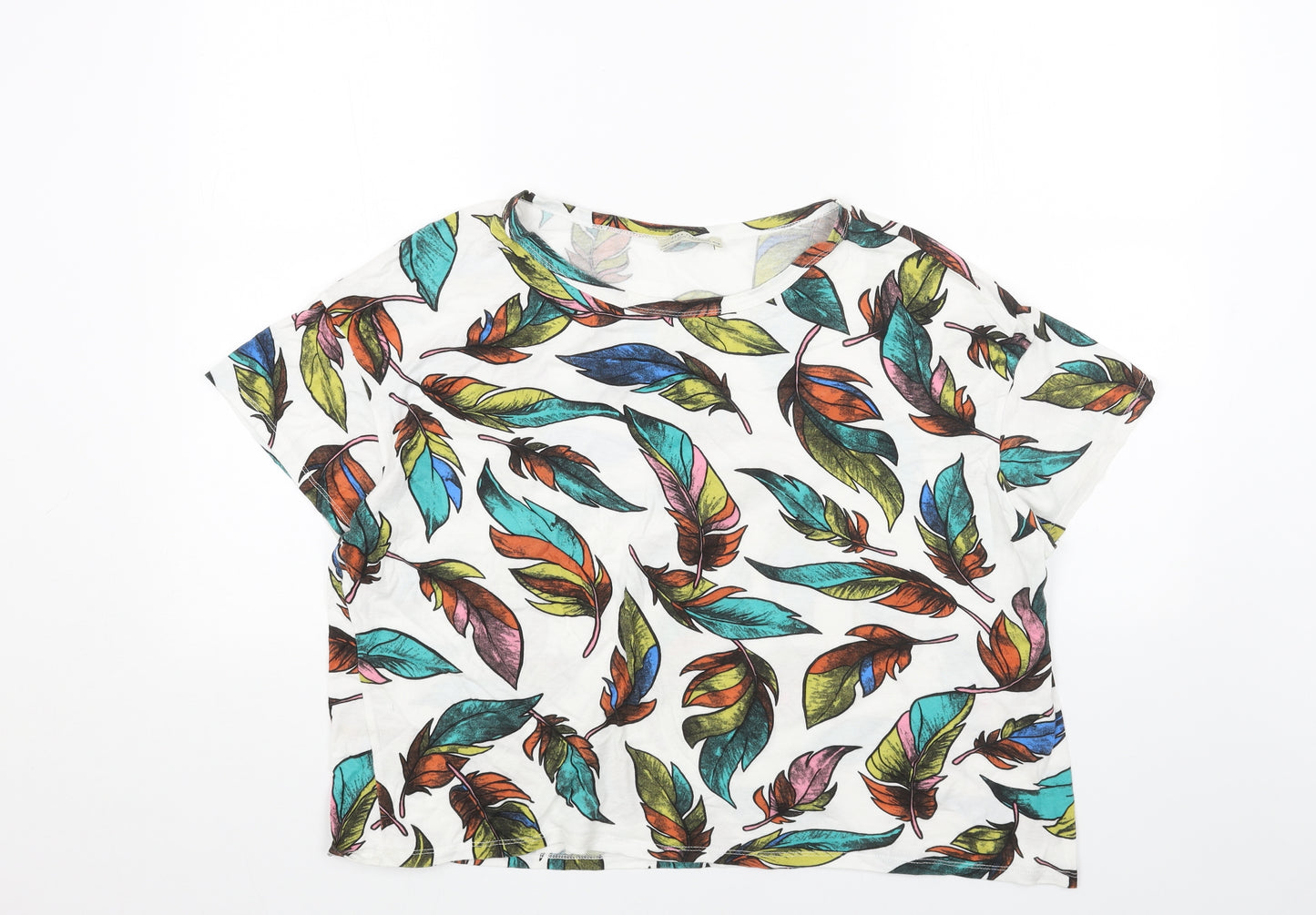 Zara Womens White Geometric Cotton Cropped T-Shirt Size L Boat Neck - Feathers