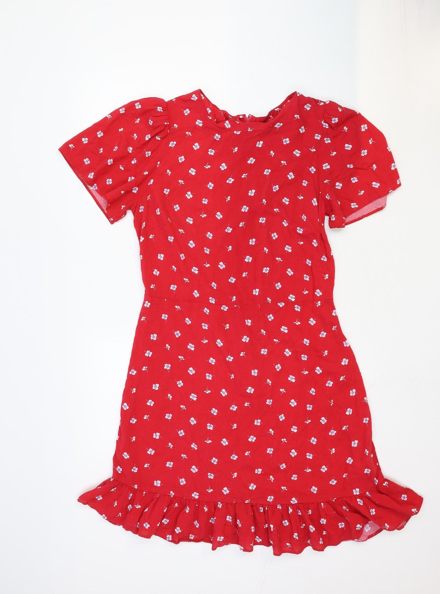New Look Womens Red Floral Cotton A-Line Size 12 Scoop Neck Zip