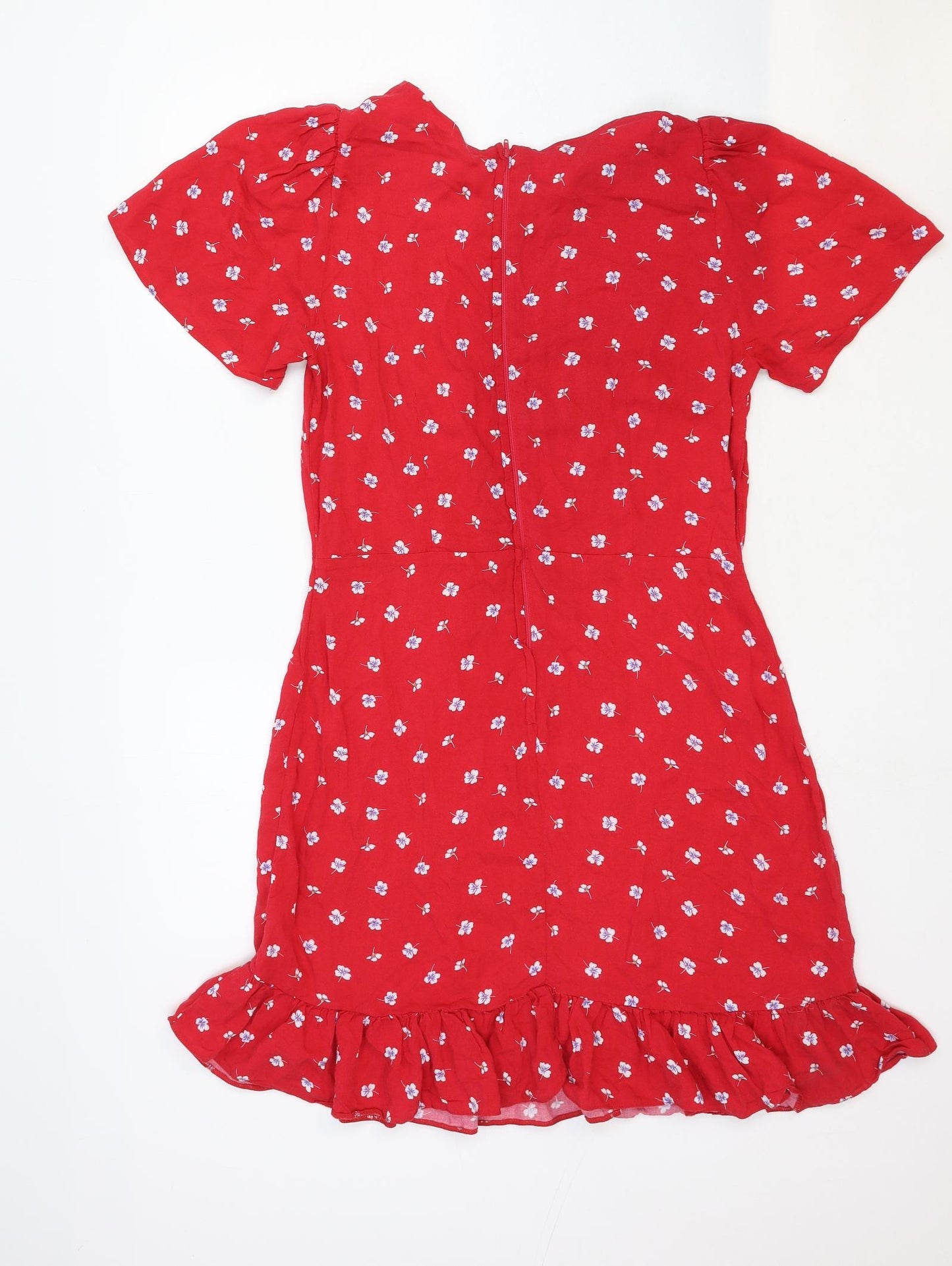 New Look Womens Red Floral Cotton A-Line Size 12 Scoop Neck Zip