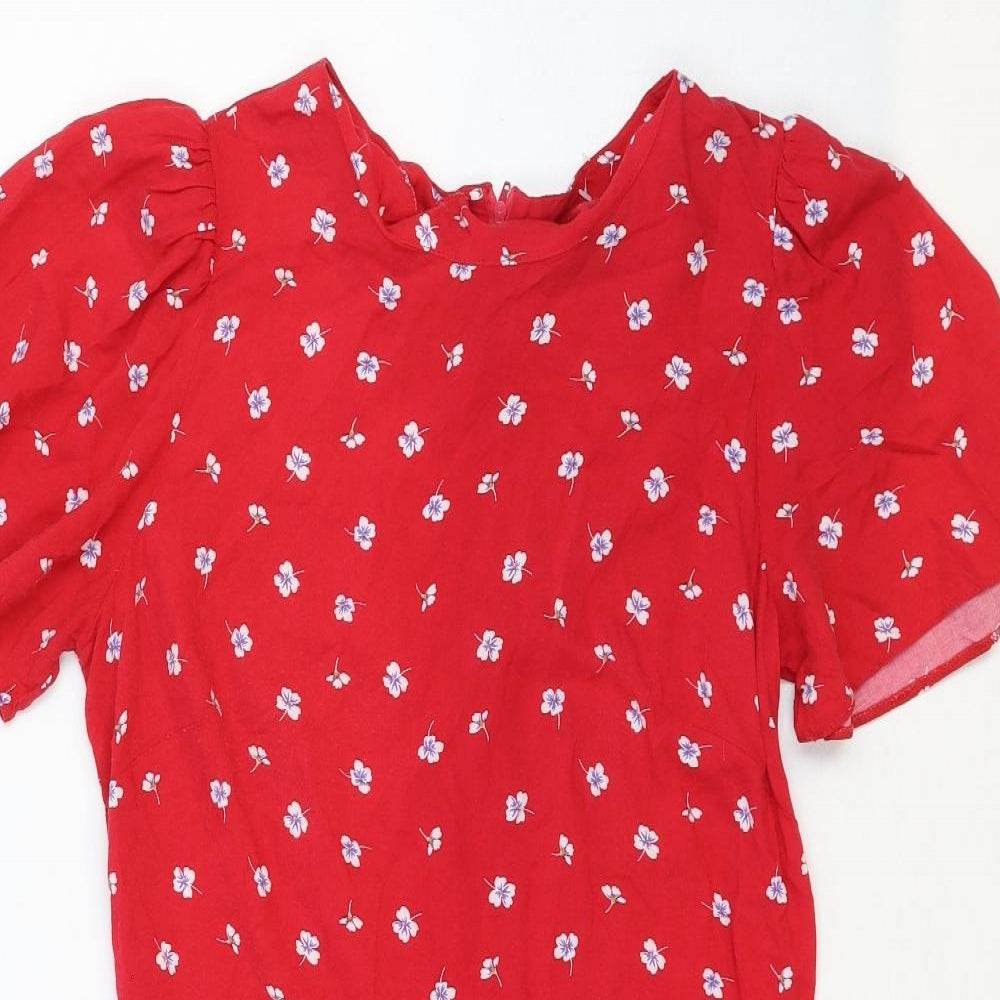 New Look Womens Red Floral Cotton A-Line Size 12 Scoop Neck Zip