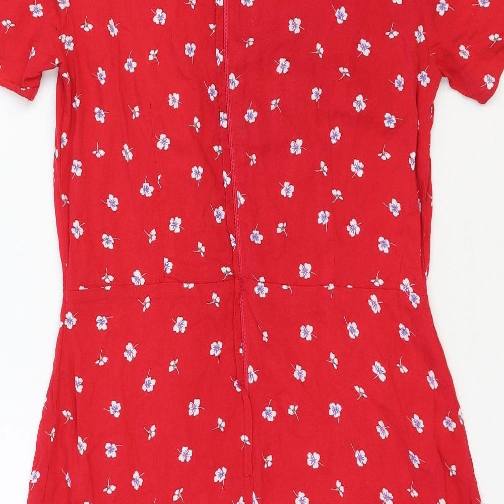 New Look Womens Red Floral Cotton A-Line Size 12 Scoop Neck Zip