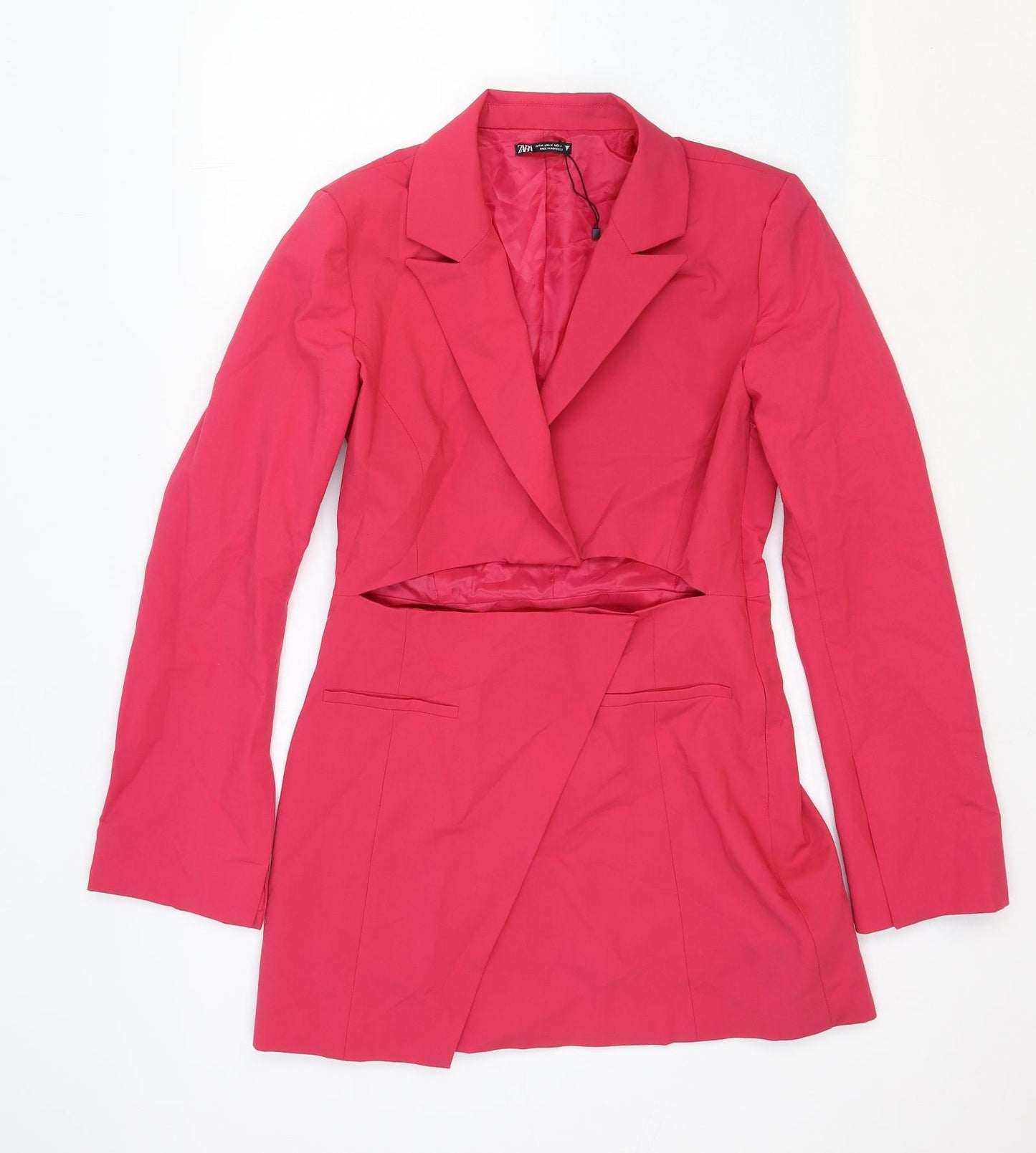 Zara Womens Pink Cotton Jacket Dress Size M Collared Zip - Cut Out