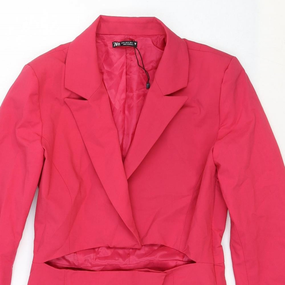 Zara Womens Pink Cotton Jacket Dress Size M Collared Zip - Cut Out