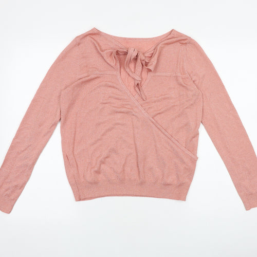 Mango Womens Pink Viscose Basic T-Shirt Size M Boat Neck - Tie Back